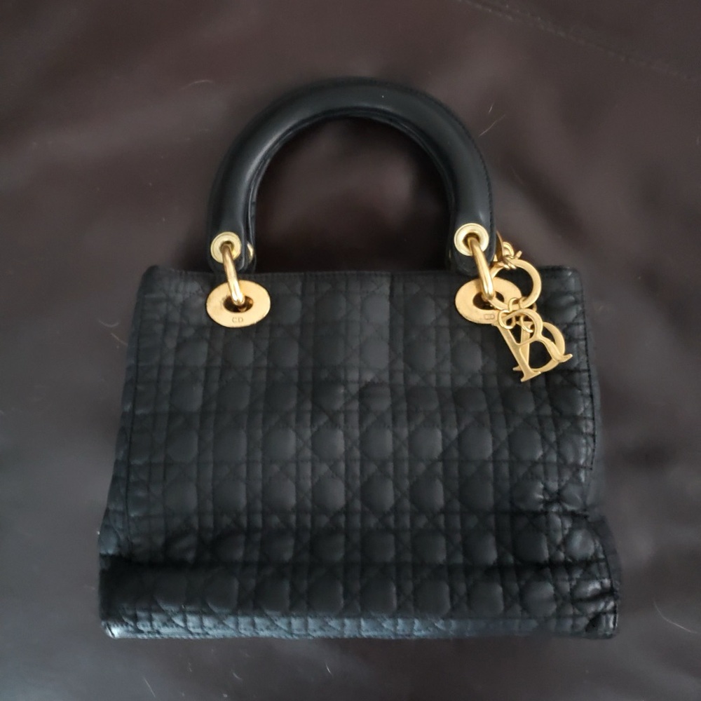 Authentic Christian Dior Cannage Lady Dior Medium Vintage Black Canvas